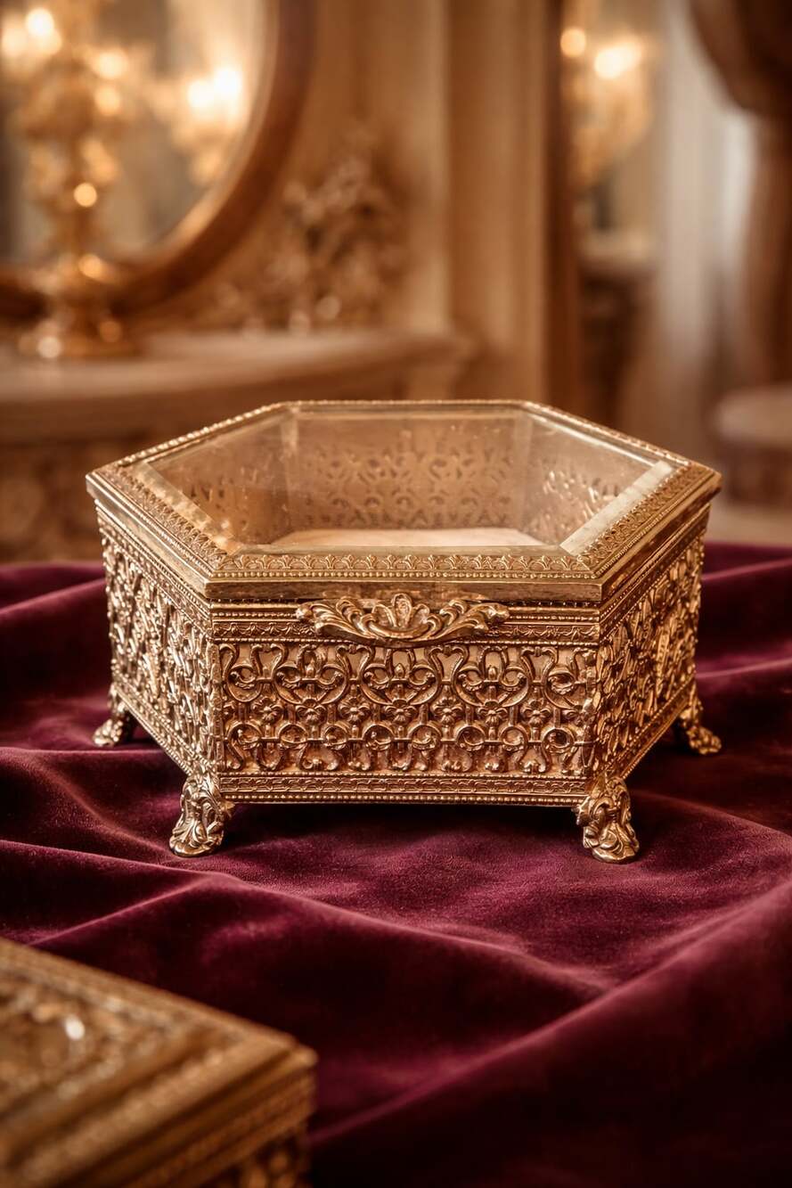 Vintage Gold Tone Filigree Hexagon Footed Jewelry Trinket Box with Beveled Glass
